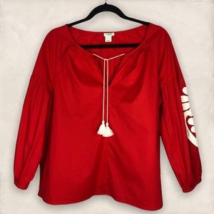 J. Crew Red White Cotton Linen Blouse with Tassels Small